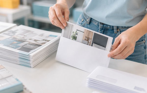 Eine Person sortiert Drucksachen in eine Versandverpackung.
