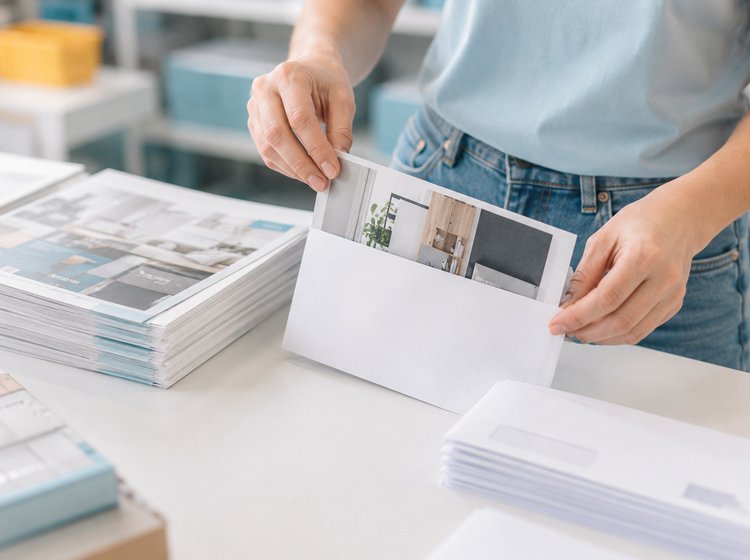 Eine Person sortiert Drucksachen in eine Versandverpackung.