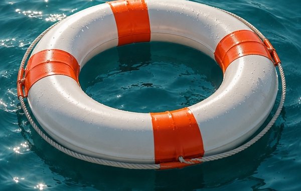 Eine Hand greift über blauem Wasser nach einem Rettungsring.