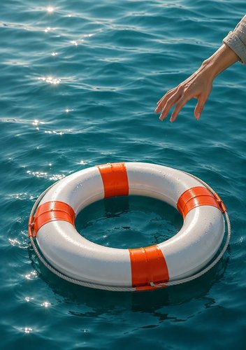 Eine Hand greift über blauem Wasser nach einem Rettungsring.