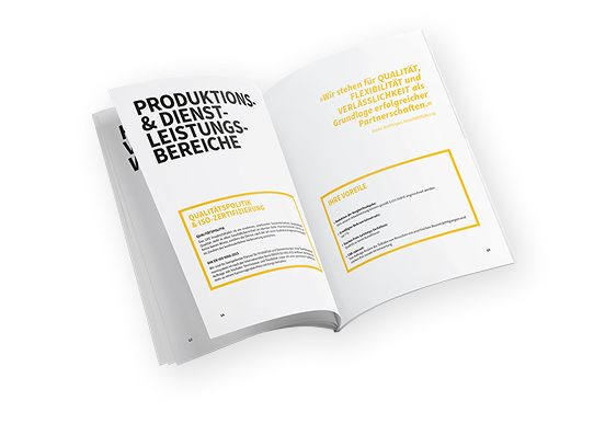 Aufgeschlagener Leistungskatalog mit Informationen zu Produkten und Dienstleistungen.